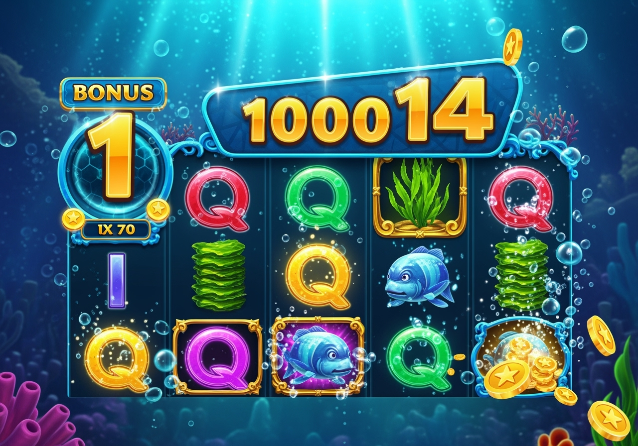 A vibrant dynamic screenshot of an underwaterthemed slot game in action during its bonus feature The 5x4 reels are filled with glowing marine symbols mysterious seaweed stacks and golden coins A large increasing multiplier counter is prominently displayed at the top or side of the reels indicating rapid progression Energetic deepsea blue and green tones dominate the background with bubbles and light rays suggesting movement and excitement Focus on the visual effects of winning combinations or symbol transformations