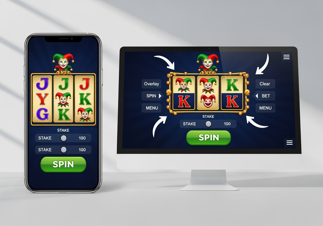 Side-by-side comparison: a photoreal smartphone in portrait and a desktop monitor in landscape, each displaying a generic 3x3 jester-themed slot interface. Clean UI with a large green spin button, stake controls, and a menu icon. Overlay clear vector arrows and labels pointing to spin, bet selector, and menu. Bright, high-contrast colors, minimalistic studio background, soft lighting, modern 2025 aesthetic