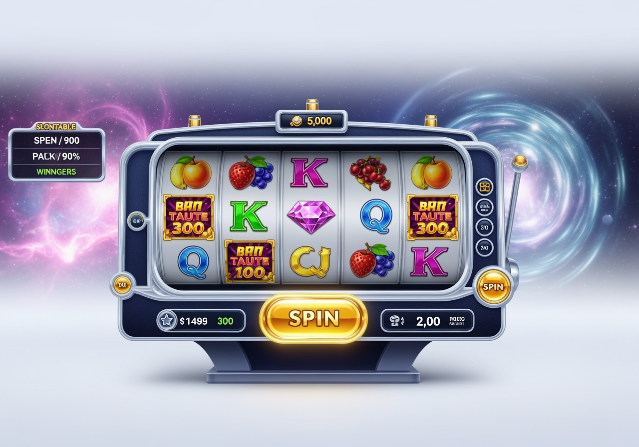 A vibrant engaging graphic of a modern video slot game interface with spinning reels colorful symbols and a clear Spin button illuminated by a soft inviting glow
