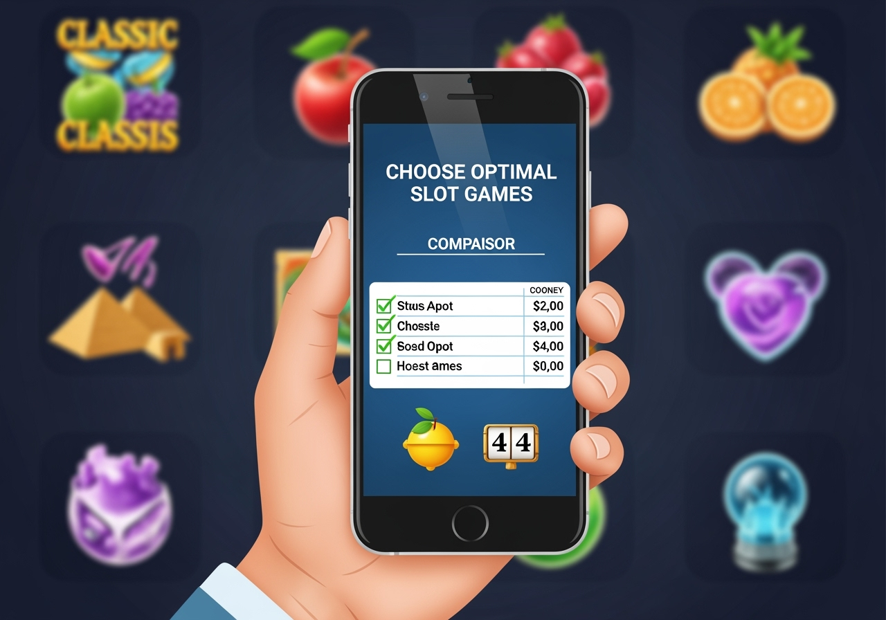 A detailed illustration of a hand holding a smartphone displaying a clear checklist and comparison table for choosing optimal slot games The background shows blurred subtle elements of different slot themes like classic fruits ancient pyramids and futuristic symbols all rendered in a clean modern style The focus is on informed decisionmaking and smart gaming strategy for real money play