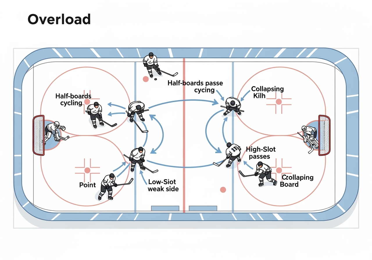 An ice hockey rink diagram illustrating the Overload offensive formation Four offensive players are clustered on one side of the offensive zone near the boards and goal line with one defenseman at the point Arrows show puck movement patterns for halfboards cycling and lowhigh passes to a highslot player The opposing penalty kill unit is shown collapsing towards the puck side leaving space on the weak side Clean professional diagram style
