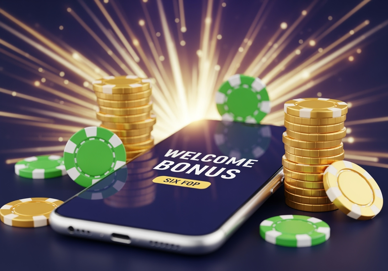 A vibrant stylized image showing coins poker chips and a smartphone displaying a Welcome Bonus offer There are sparkling abstract lines suggesting digital flow and excitement The colors are bright and inviting focusing on greens golds and purples to convey wealth and fun