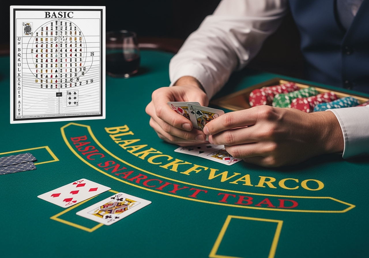 A focused players hands on a blackjack table with cards clearly visible The player is making a strategic decision perhaps holding a basic strategy chart subtly in the background The atmosphere is calm and professional emphasizing skill over chance