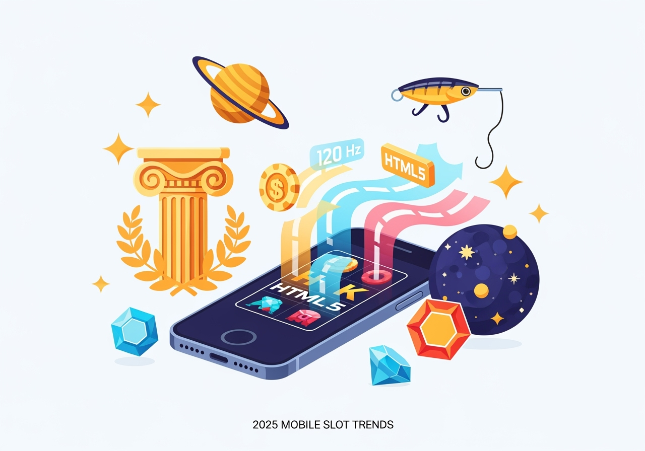 A bright, modern illustration showing mobile slot game trends: a smartphone at center surrounded by stylized symbols representing mythology (temple column, laurel), jewels, space icons (planets, stars), and a fishing lure. Streams of colorful digital assets flow into the phone to suggest fast HTML5 streaming and 120 Hz motion. Clean vector style, warm optimistic palette, high detail, positive vibe, include small caption text exactly reading "2025 Mobile Slot Trends" at the bottom
