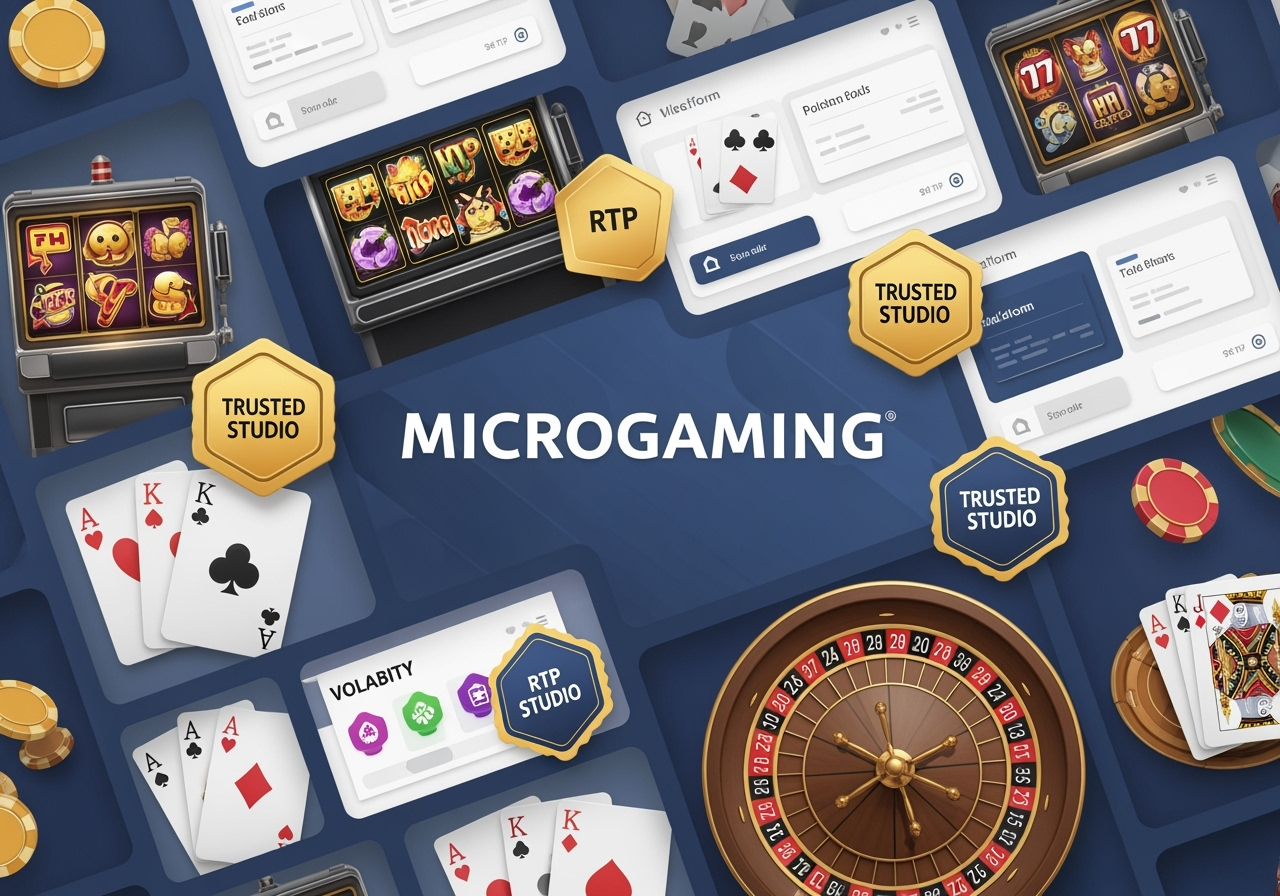 A vibrant collage showing stylized slot machine icons, playing cards, a roulette wheel, and abstract platform UI panels. Include a clear vector logo that reads "Microgaming" and generic "Trusted Studio" badges arranged over a blue and gold background. Show paper-like game info panels with small RTP and volatility icons. High detail, soft shadows, modern flat design, positive and professional mood, 4k, crisp lighting