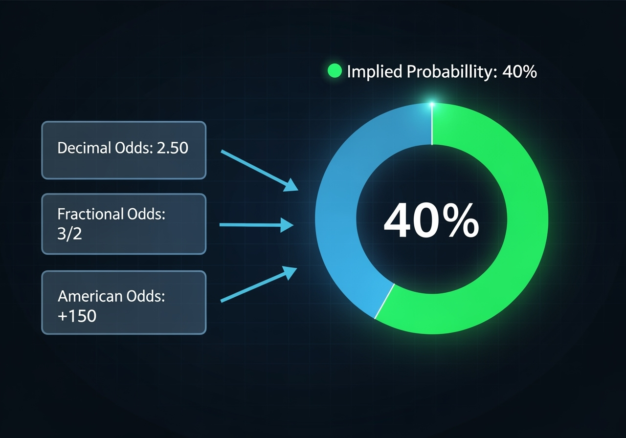 A sleek modern infographic displaying betting odds On the left show three distinct boxes for Decimal Odds 250 Fractional Odds 32 and American Odds 150 Arrows point from these boxes to a central glowing pie chart on the right which is 40 filled in a vibrant green color with the label Implied Probability 40 The background is a dark techinspired blue with subtle grid lines conveying a sense of data and analysis