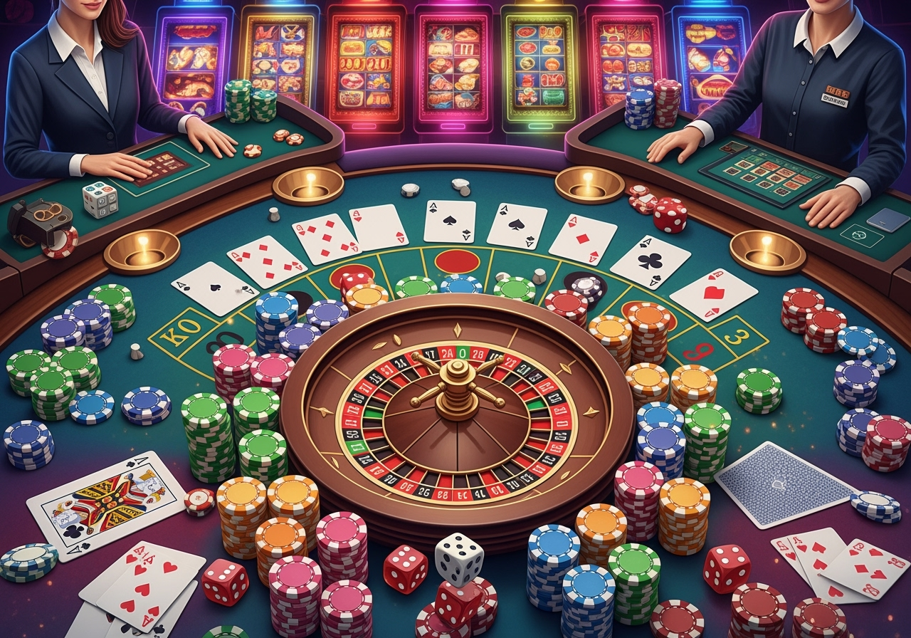 A vibrant topdown view of a casino table filled with various game elements playing cards poker chips dice and a roulette wheel The background subtly features glowing digital slot machine reels and live dealer casino setup all rendered in a sophisticated modern art style with rich colors and dynamic lighting