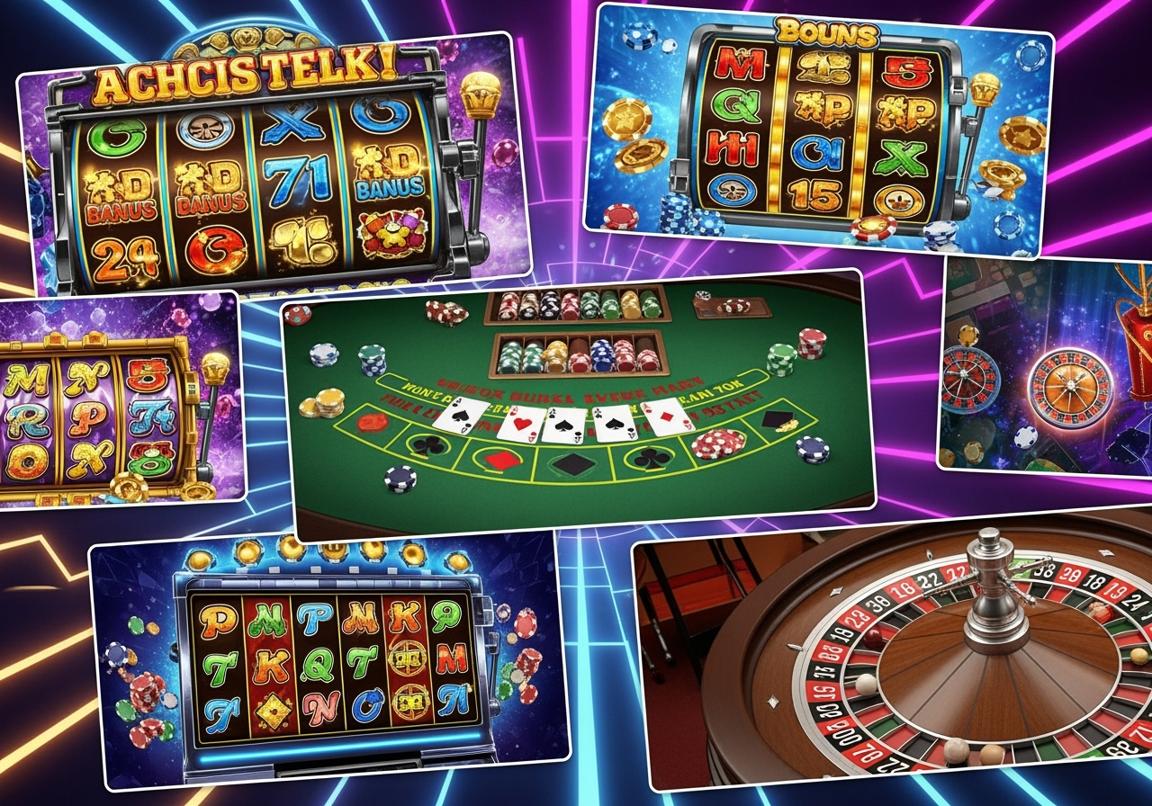 A vibrant collage of popular casino game thumbnails including various slot machine themes a blackjack table and a roulette wheel all displayed against a bright engaging digital background The image should convey excitement and variety with clear colorful graphics