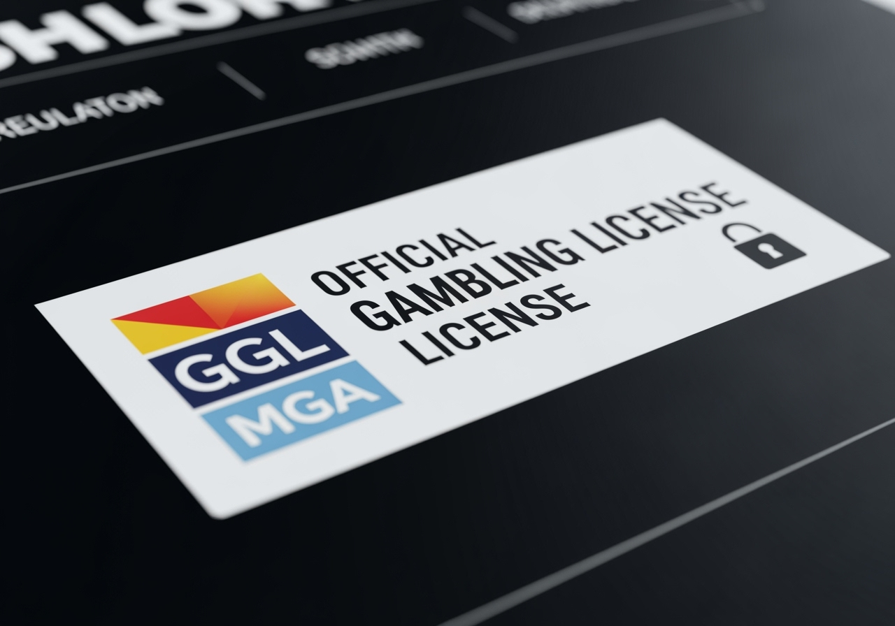A closeup image showing a prominent officiallooking gambling license logo on a website footer with a small padlock icon indicating security The logo should be generic without specific company names representing regulatory bodies like GGL or MGA emphasizing trust and legal compliance Professional lighting clear detail