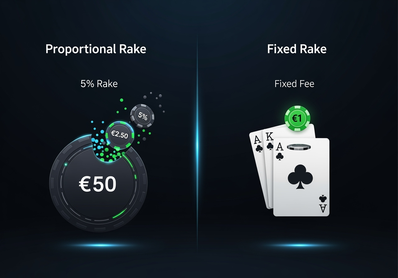A clean modern infographic split vertically into two sections set against a dark sleek background with glowing blue and green accents The left side is titled Proportional Rake and shows a digital visualization of a 50 poker pot with a smaller 250 portion breaking away labeled 5 Rake The right side is titled Fixed Rake and displays a single poker hand with a fixed 1 chip being removed labeled Fixed Fee The style is abstract and financialtech inspired