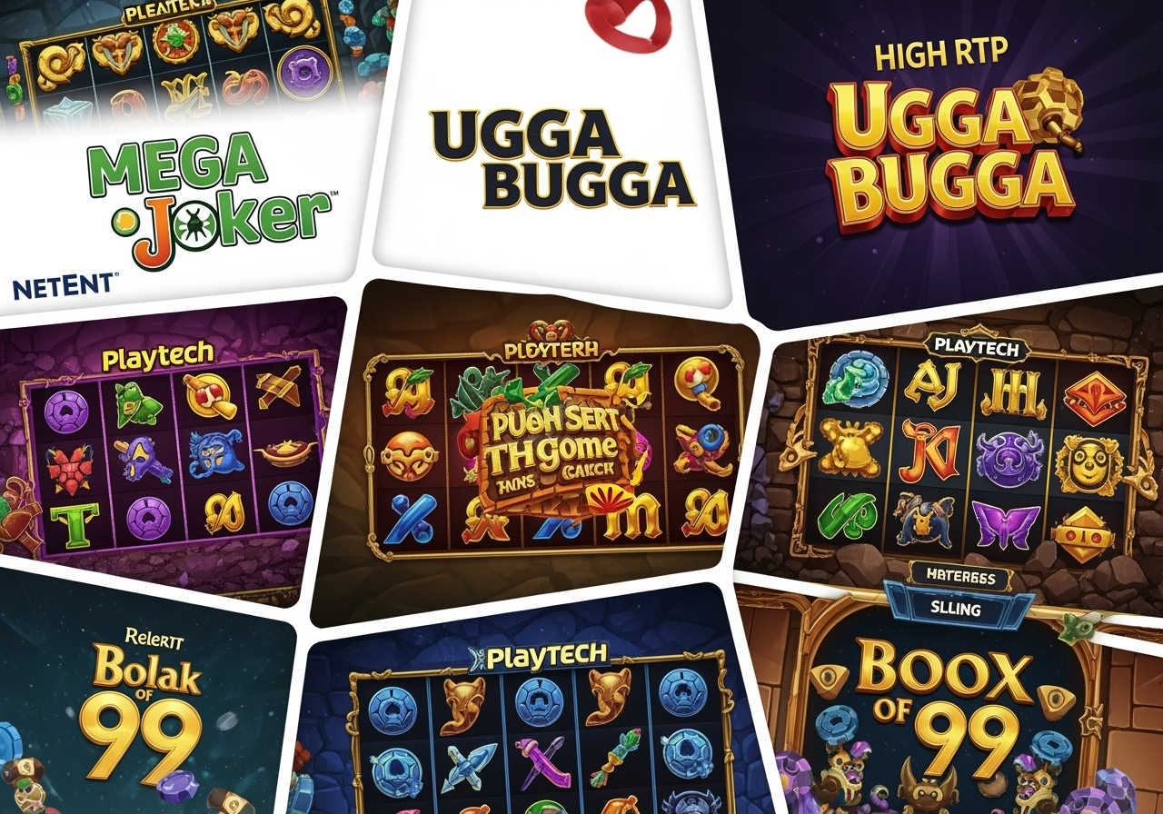 A vibrant collage showcasing game logos and stylized screenshots from popular highRTP online titles including NetEnts Mega Joker Playtechs Ugga Bugga and Relax Gamings Book of 99 The overall aesthetic is engaging and visually appealing with elements arranged dynamically to convey excitement and variety
