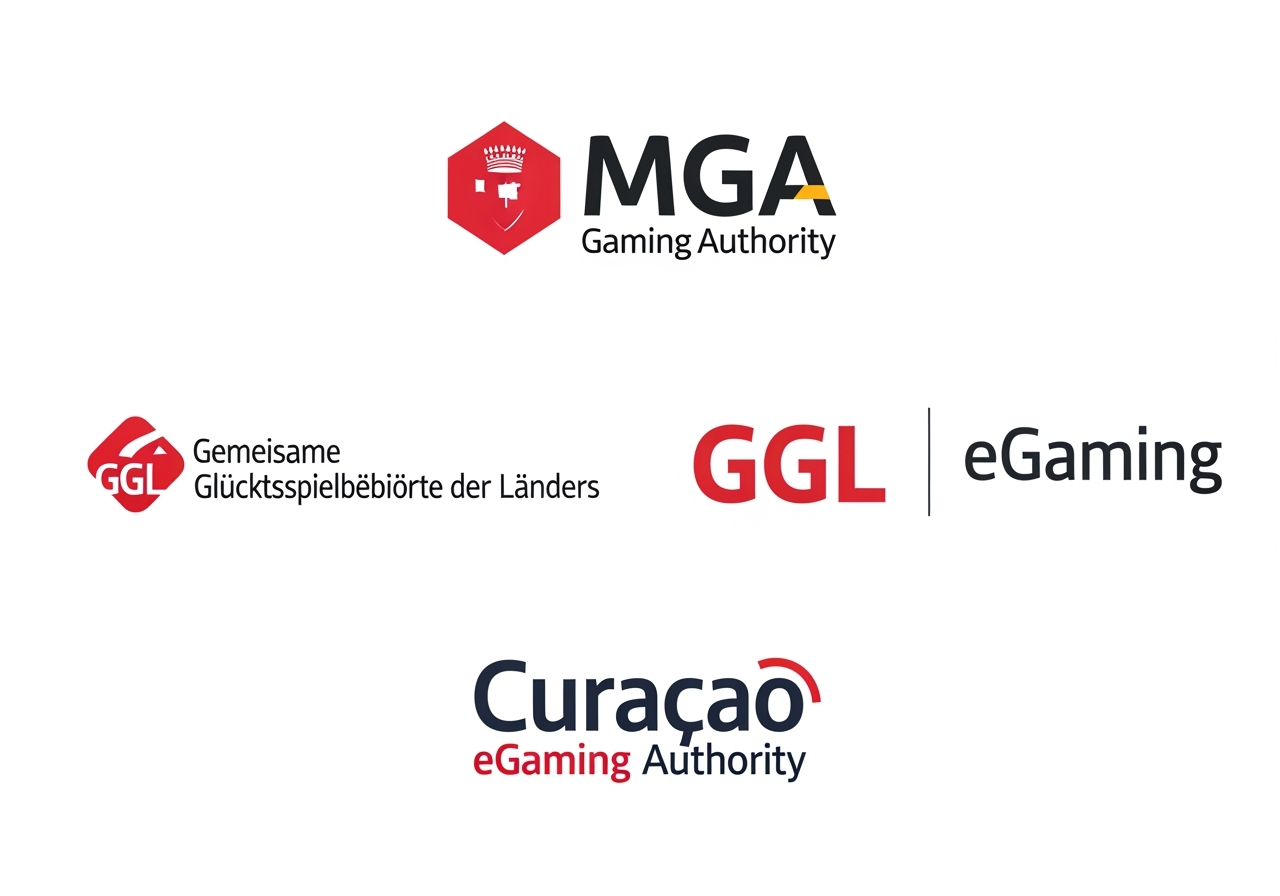 Logos of the Malta Gaming Authority MGA Gemeinsame Glcksspielbehrde der Lnder GGL and Curacao eGaming authority depicted in a professional clean graphic design