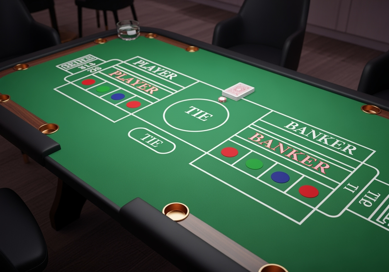 A highangle clear professional illustration of a modern casino table layout showing distinct labeled betting areas for Player Banker and Tie bets The table should appear clean and wellorganized suitable for an informative guide on card games