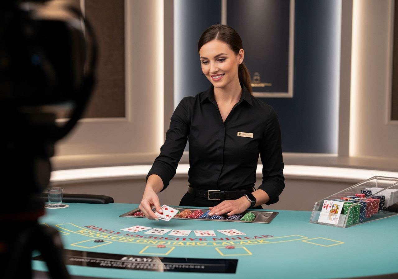 A professional live casino dealer middeal with a friendly expression seated at a sleek blackjack table The foreground shows a partial view of a digital overlay with card values implying a players screen perspective The background is a sophisticated studio set with subtle lighting