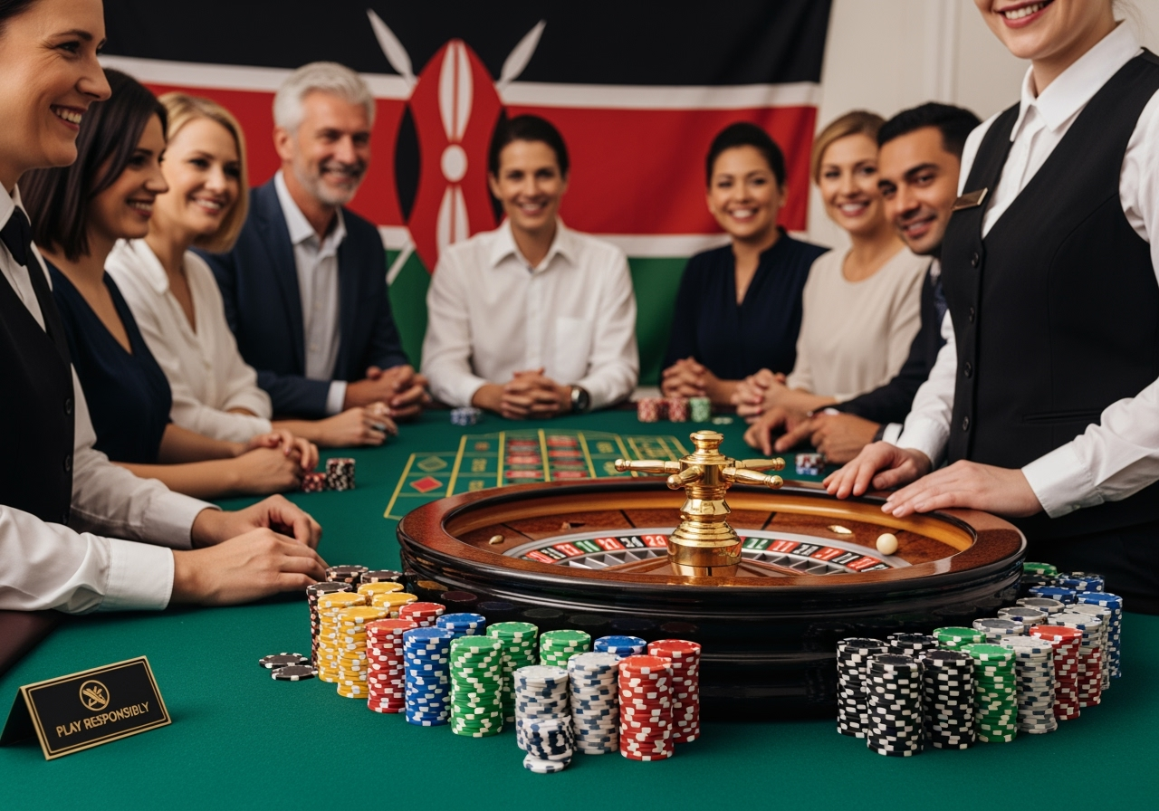 A warm, professional casino scene showing a roulette wheel, stacked chips and a smiling, diverse group of adults gathered politely around the table. Include a subtle Kenyan flag in the background and a small, visible responsible gaming sign that reads “Play Responsibly”. Soft, natural lighting, high detail, positive atmosphere
