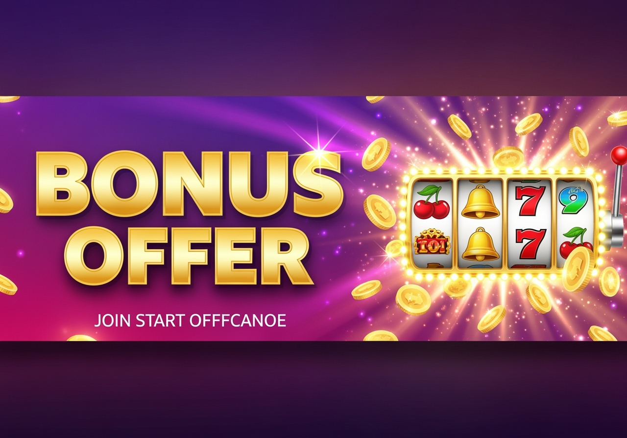 A vibrant eyecatching promotional banner The banner prominently features a BONUS OFFER with large bold text Playful slot machine elements are in the background such as sparkling coins and classic casino symbols The overall mood is exciting and inviting with bright colors and a clear call to action to join a casino