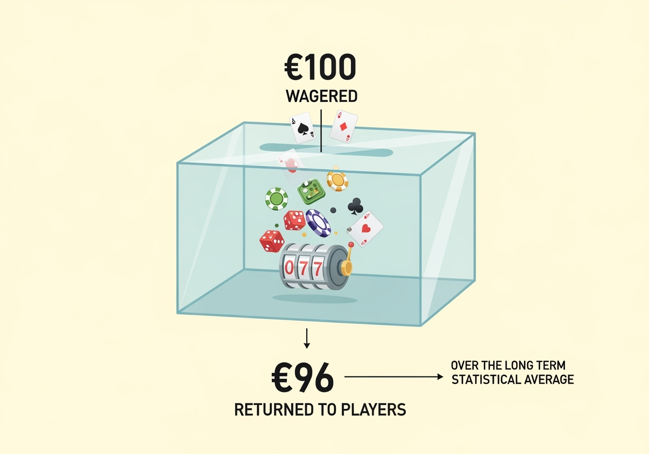 A clear and simple infographic illustrating the concept of Return to Player RTP The image shows a large transparent glass box with 100 WAGERED entering from the top Inside the box a subtle animation of various casino game symbols like slot reels cards dice suggests play Below the box 96 RETURNED TO PLAYERS exits A timeline or arrow indicates OVER THE LONG TERM or STATISTICAL AVERAGE The overall design is clean professional and easy to understand using soft positive colors