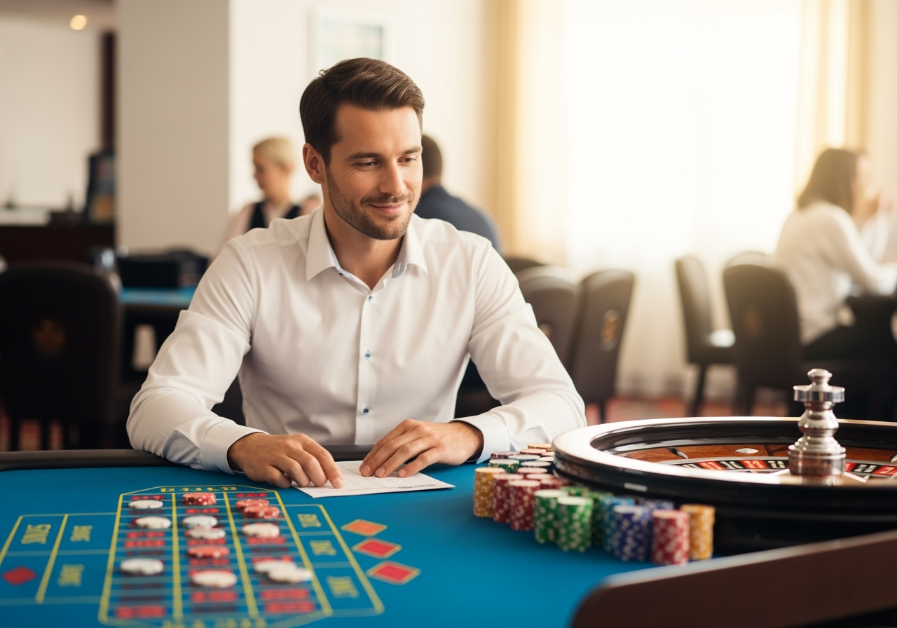 A disciplined mid-30s German player calmly tracking bets at a roulette table in a bright casino environment, smiling after a small win. Paper tracking sheet and neatly stacked chips on the table, professional casual attire, soft natural light, realistic photography style, positive mood