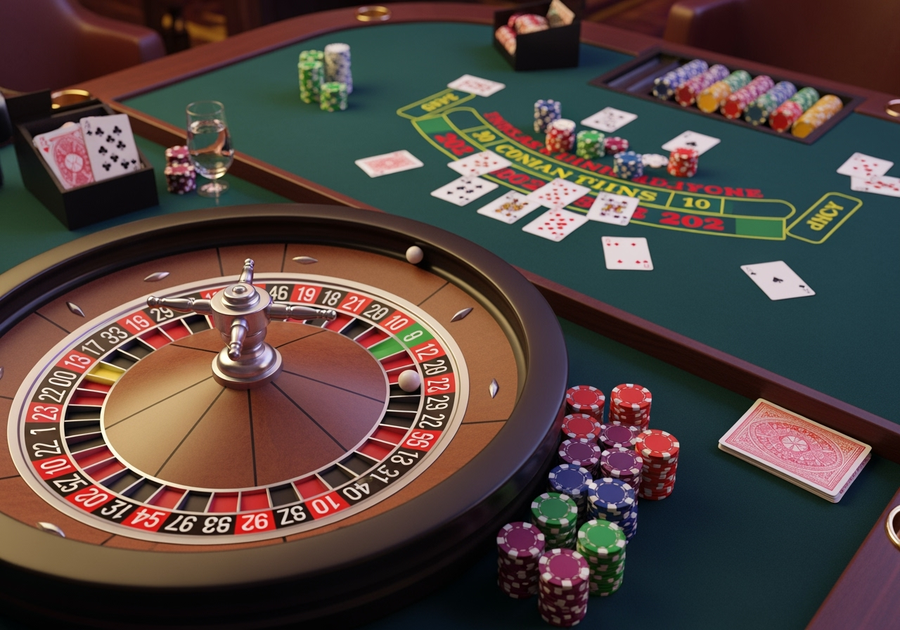 A vibrant highangle shot of a classic casino scene focusing on a stylish roulette wheel with a small ball about to land and a blackjack table with cards and chips The lighting is inviting and warm suggesting an engaging and immersive gaming experience There are no people only the gaming elements