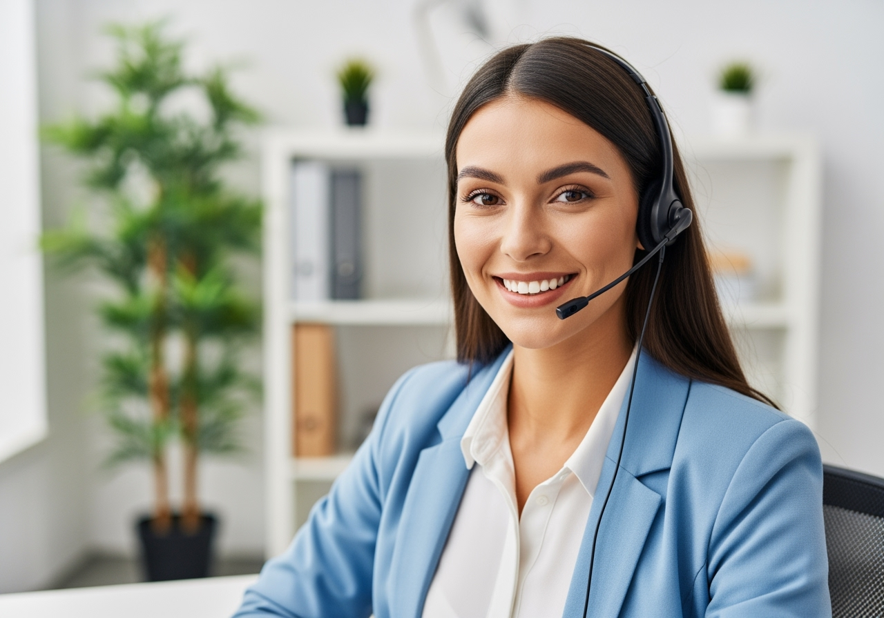 A friendly and professional female customer support agent in her late 30s, with a warm smile, wearing a headset and sitting in a modern, brightly lit office. She is looking directly at the camera, conveying helpfulness and trustworthiness. The background is slightly blurred but shows a clean, organized workspace with a plant, suggesting a positive and efficient environment. The overall vibe is professional, reassuring, and positive.
