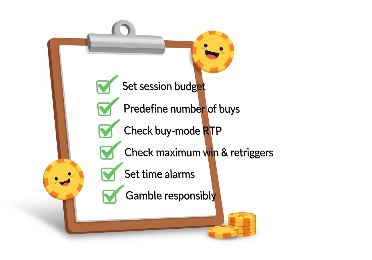 A bright checklist-style graphic on a clean white background showing a clipboard with a checklist and green check marks. The checklist items, shown exactly as text, read: 'Set session budget', 'Predefine number of buys', 'Check buy-mode RTP', 'Check maximum win & retriggers', 'Set time alarms', 'Gamble responsibly'. Include friendly icons next to each item, warm colors, modern flat design, optimistic mood