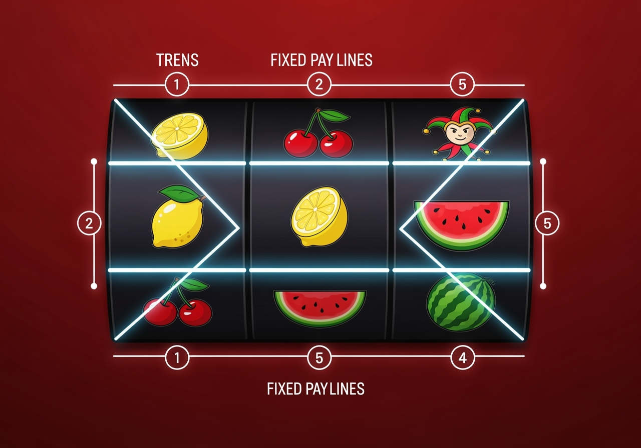 A clean, high-resolution illustration of a 3x3 slot machine grid (no branding), with five fixed paylines highlighted: three horizontal lines and two diagonals, bright neon line overlays with small numbered markers, fruit symbols and a jester wild icon on the reels, dark red backdrop, clear minimal infographic style