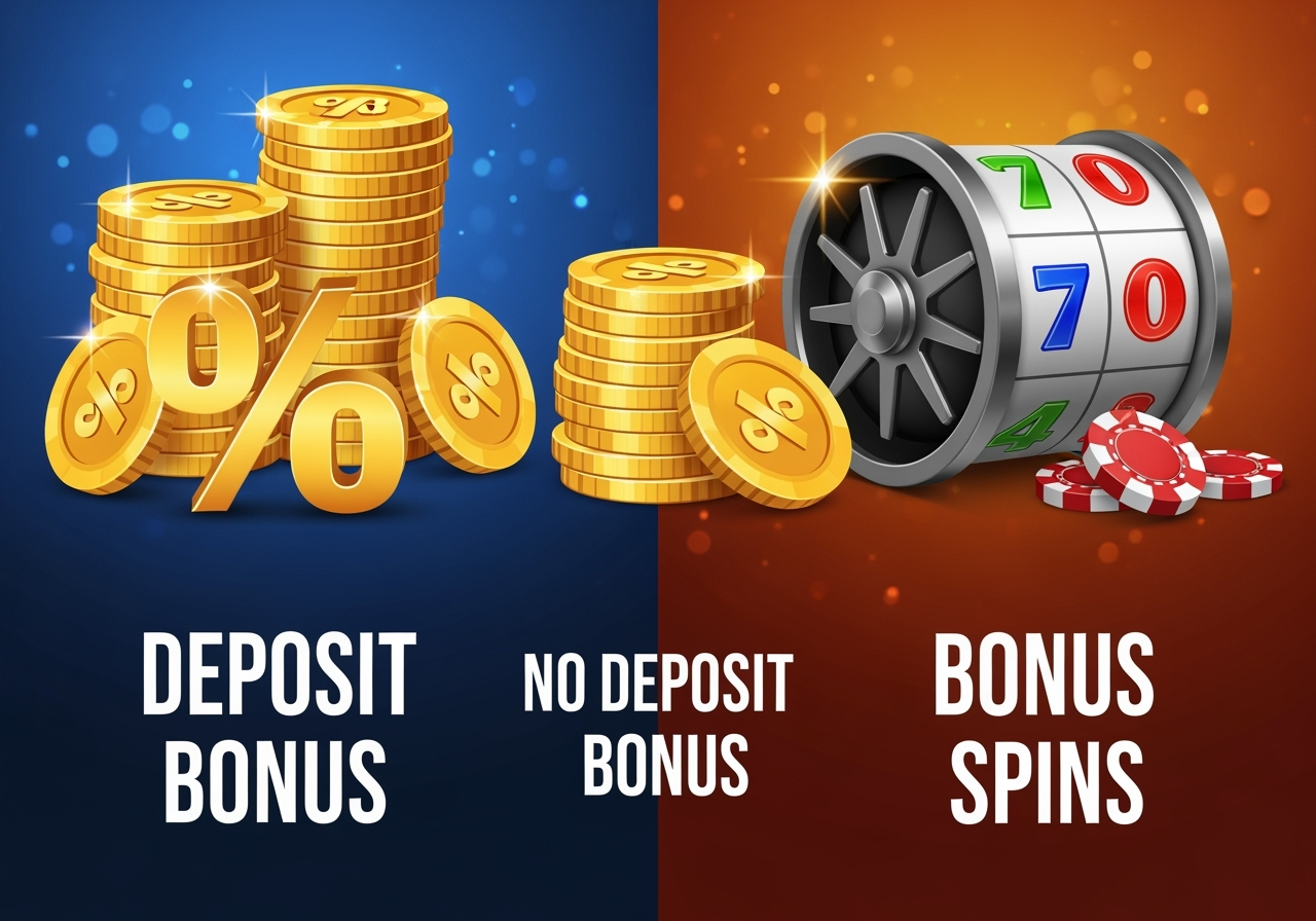 A vibrant illustration showcasing different types of casino bonuses One side features a stack of golden coins with a prominent percentage sign and text Deposit Bonus The other side shows a spinning slot reel with Bonus Spins text In the center a smaller stack of chips displays No Deposit Bonus The image is bright and appealing representing opportunity and variety in online gaming