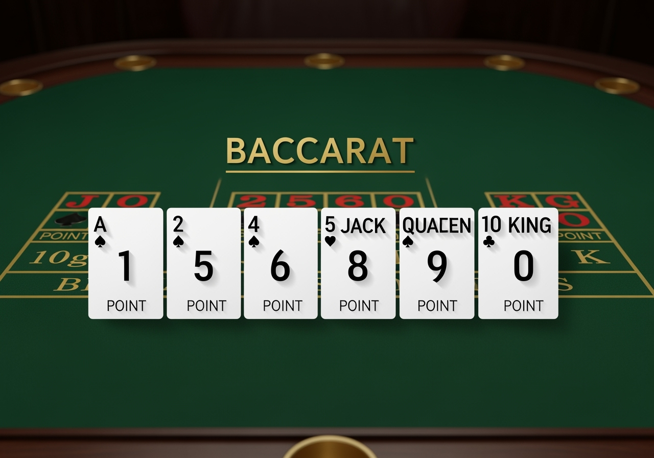 A clear graphic illustrating baccarat card point values Aces are shown as 1 point cards 29 as their face value and 10sJacksQueensKings as 0 points The graphic should be clean easy to read with an elegant casino aesthetic
