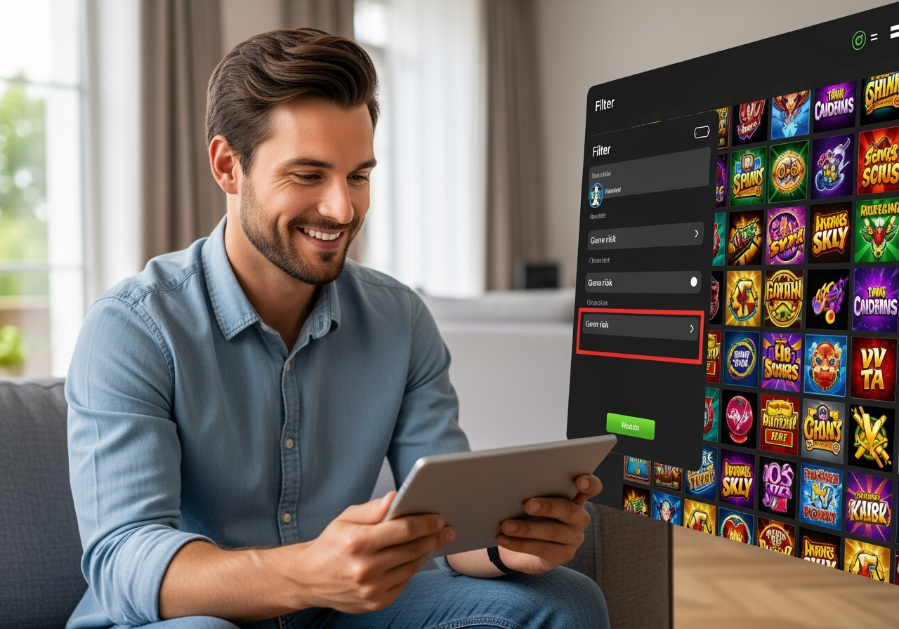 A cheerful German man in his late 30s sitting in a modern welllit living room holding a tablet On the tablet screen a casino game lobby is visible with a filter menu open A game risk filter option is selected and highlighted The background shows a grid of vibrant abstract slot game icons suggesting a wide selection of choices The man has a satisfied expression having easily found his preferred game type