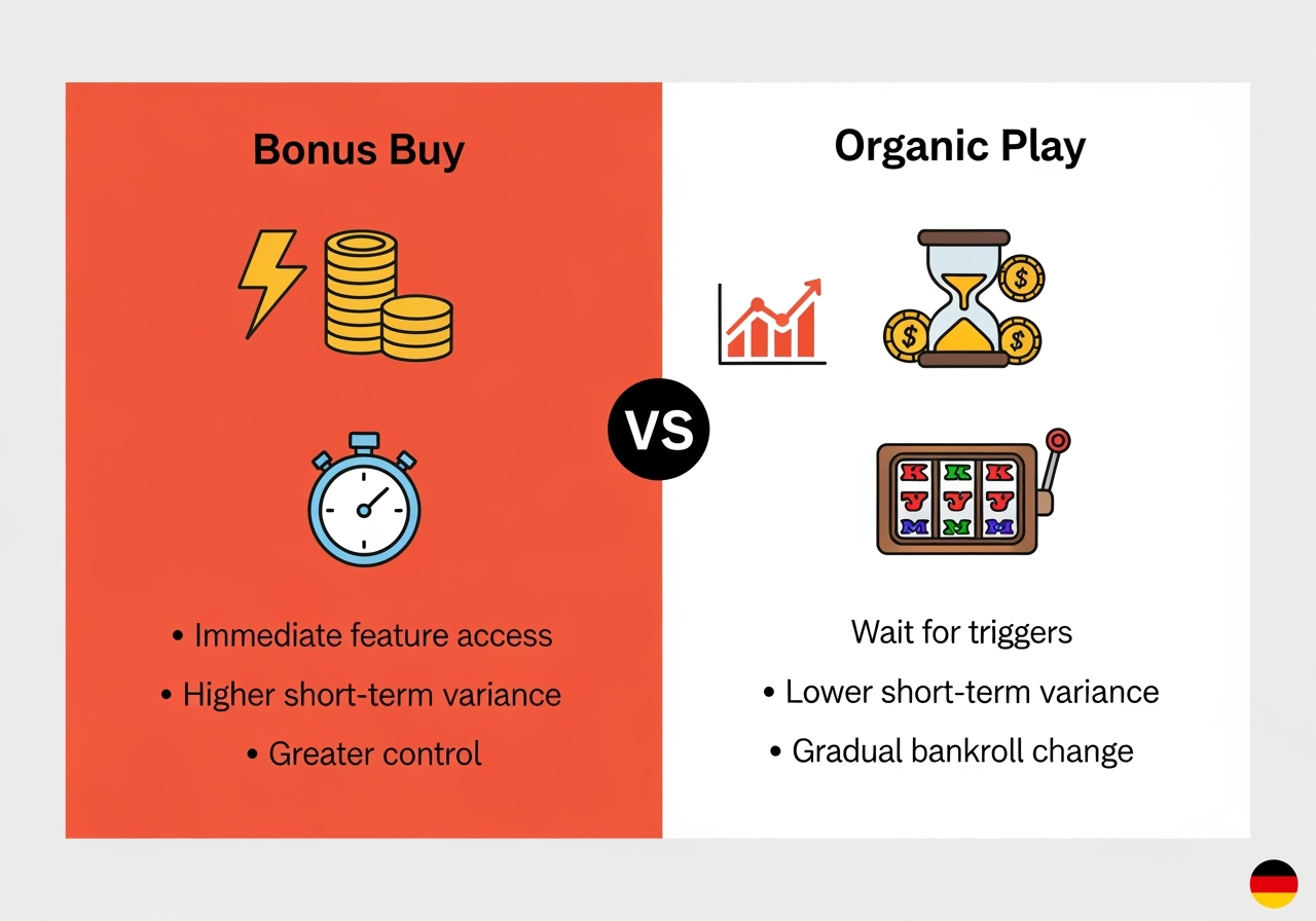 A clean, modern side-by-side infographic comparing two approaches: left panel titled "Bonus Buy" with icons (lightning bolt, coin stack, stopwatch) and bullet points: "Immediate feature access", "Higher short-term variance", "Greater control"; right panel titled "Organic Play" with icons (hourglass, steady graph, slot reel) and bullet points: "Wait for triggers", "Lower short-term variance", "Gradual bankroll change". Bright positive colors, flat design, clear fonts, subtle German flag in corner, high resolution, no logos