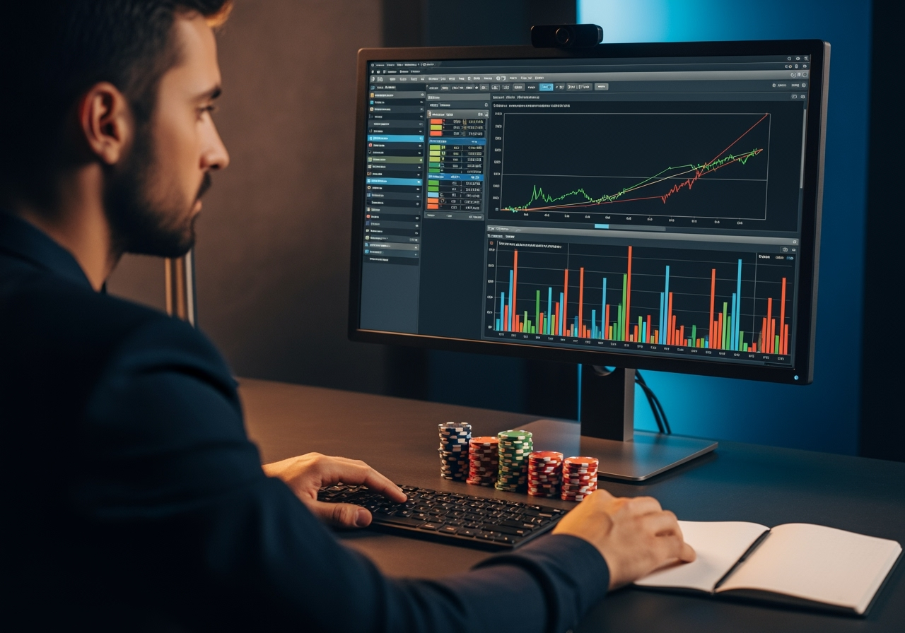 A focused professional poker player in their 30s sitting at a sleek desk analyzing poker tracking software on a large computer monitor The software displays colorful graphs showing win rates and rake contributions Neatly stacked poker chips and a notebook for strategy rest on the desk beside the keyboard The lighting is modern and highlights the players intense concentration and strategic mindset