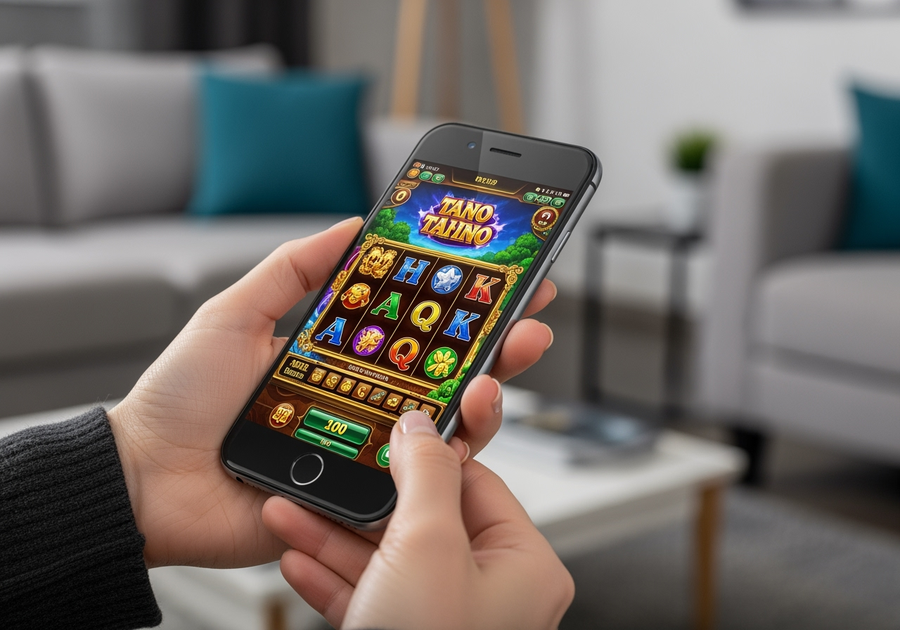 A closeup of a hand holding a modern smartphone displaying a vibrant and engaging online casino slot machine game in action The screen shows colorful graphics and game elements suggesting smooth performance The background is slightly blurred to emphasize the phone with subtle hints of a comfortable relaxed setting like a living room