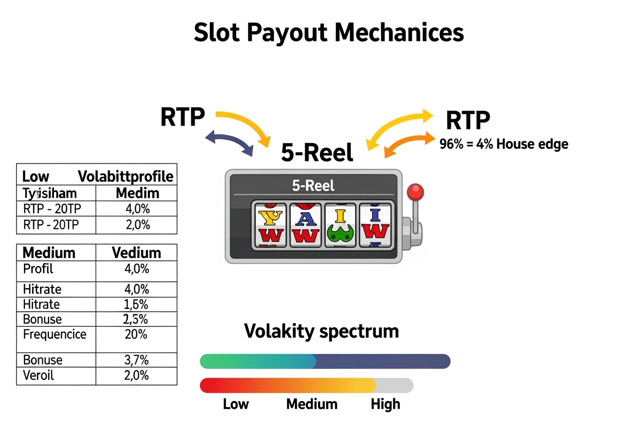 A clean infographic showing slot payout mechanics: a central labeled 5-reel slot grid with arrows explaining RTP (text: "96% = 4% house edge"), a color-coded volatility spectrum bar labeled Low, Medium, High, and a small comparison table for Low/Medium/High profiles with RTP ranges, hit rates, and bonus frequency. Modern flat design, German-friendly labels, bright positive colors, high resolution
