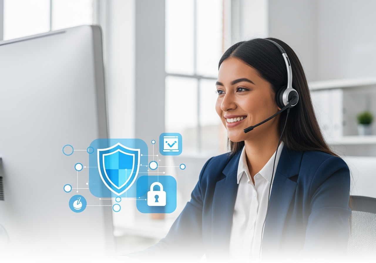 A bright professional image featuring a smiling agent wearing a headset in a modern clean office setting She is looking at a computer screen with a friendly expression In the foreground subtle digital security icons like a shield and padlock are overlaid representing robust online protection