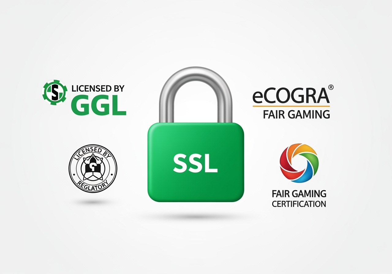 A digital illustration showing a prominent green padlock icon representing SSL encryption surrounded by officiallooking logos of gambling licenses like a generic Licensed by GGL badge and fair gaming certifications like a generic eCOGRAstyle logo The background is clean and professional emphasizing trust and security