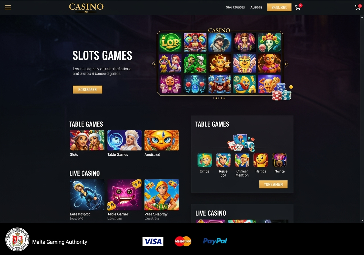 A screenshot of a prominent online casino homepage clearly displaying a license seal from a reputable gaming authority at the bottom The interface is clean and professional with a focus on game categories and secure payment logos