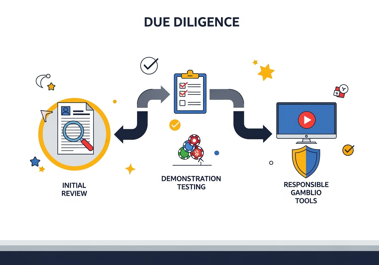 A clean, positive flat-style illustration of a due-diligence flowchart on a desk: checklist icons, a magnifying glass over a license document, a demo-play icon, and a shield for responsible-gambling tools. Bright colors, modern vector look, high resolution, informational layout