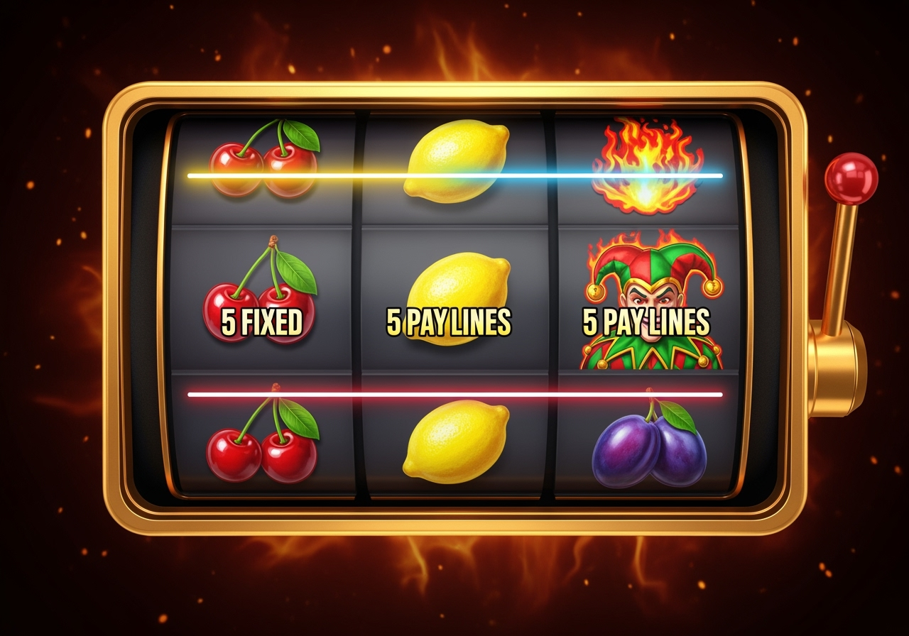 Cinematic hero render of a jester-themed 3x3 slot machine with glossy fruit symbols (cherries, lemons, plums) and a fiery jester icon, gold-trimmed frame, dark ember background; thin neon overlays illustrate the 5 fixed paylines across the 3x3 grid; high-contrast lighting, vibrant colors, clean composition, no UI or brand logos, positive mood, suitable for both mobile and desktop crop