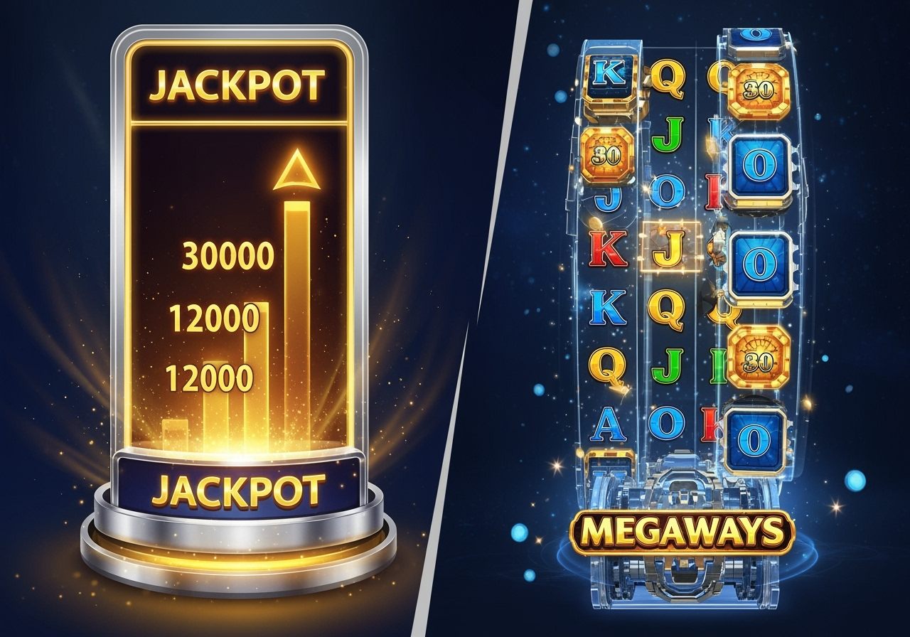 A dynamic illustration depicting elements of a large growing jackpot meter on one side and on the other a visual representation of the expanding reel mechanics of a Megaways slot showing many ways to win The style is modern and digital with shimmering gold and bright blue hues conveying excitement and potential