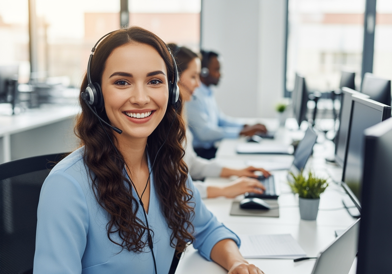 A friendly and professional female service agent in her 30s with a headset sitting in a bright modern call center She is smiling warmly at the camera projecting trustworthiness and helpfulness The background is slightly blurred but shows other agents working creating a sense of a busy efficient team The lighting is soft and positive