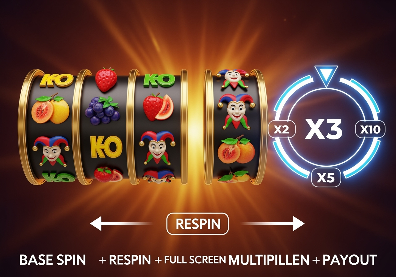 A dynamic, high-contrast 3x3 slot reels scene with fruit and jester symbols; two reels match showing a near full-screen, followed by an overlay of a bright circular multiplier wheel labeled x2, x3, x5, x10; sleek arrows illustrate the sequence: base spin -> respin -> full-screen -> multiplier -> payout; warm fiery background, modern 3D look, cinematic lighting, no website UI elements, crisp and vivid colors