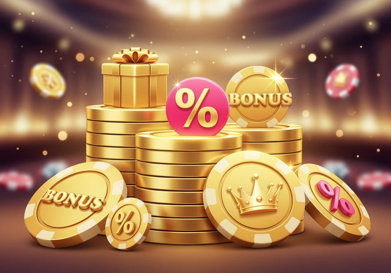A vibrant illustration of a golden casino chip stack with various bonus icons like a gift box a percentage sign and a crown Bright lights illuminate the chips suggesting excitement and reward set against a subtle elegant casino backdrop