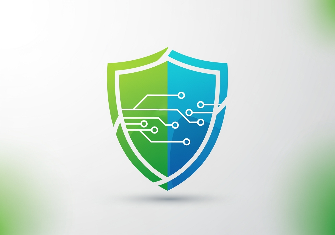 A vibrant stylized shield emblem in shades of green and blue symbolizing protection and safety The shield incorporates subtle elements suggesting data flow or connectivity without explicitly showing UI It has a clean modern design conveying trust and security The background is softly blurred with a professional positive aura