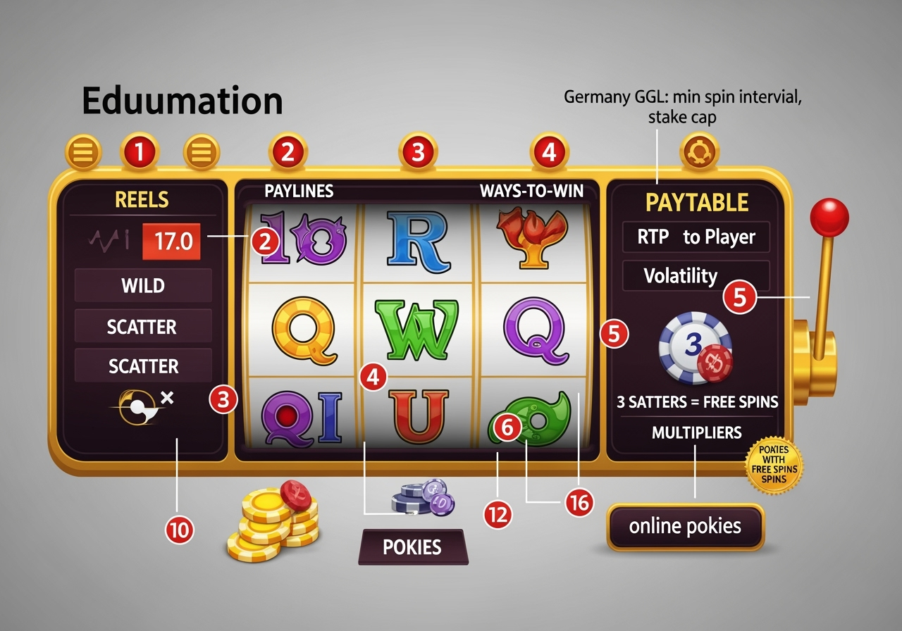 An educational, studio-lit infographic of a modern 5-reel digital slot game interface, with numbered callouts labeling: Reels, Paylines, Ways-to-Win, a Paytable panel showing RTP and Volatility, Wild and Scatter symbols, a “3 Scatters = Free Spins” trigger, and Multipliers; small notes reading “Germany GGL: min spin interval, stake cap”, “online pokies”, and a badge “pokies with free spins”; bright friendly colors, clean vector style, no branding, high resolution