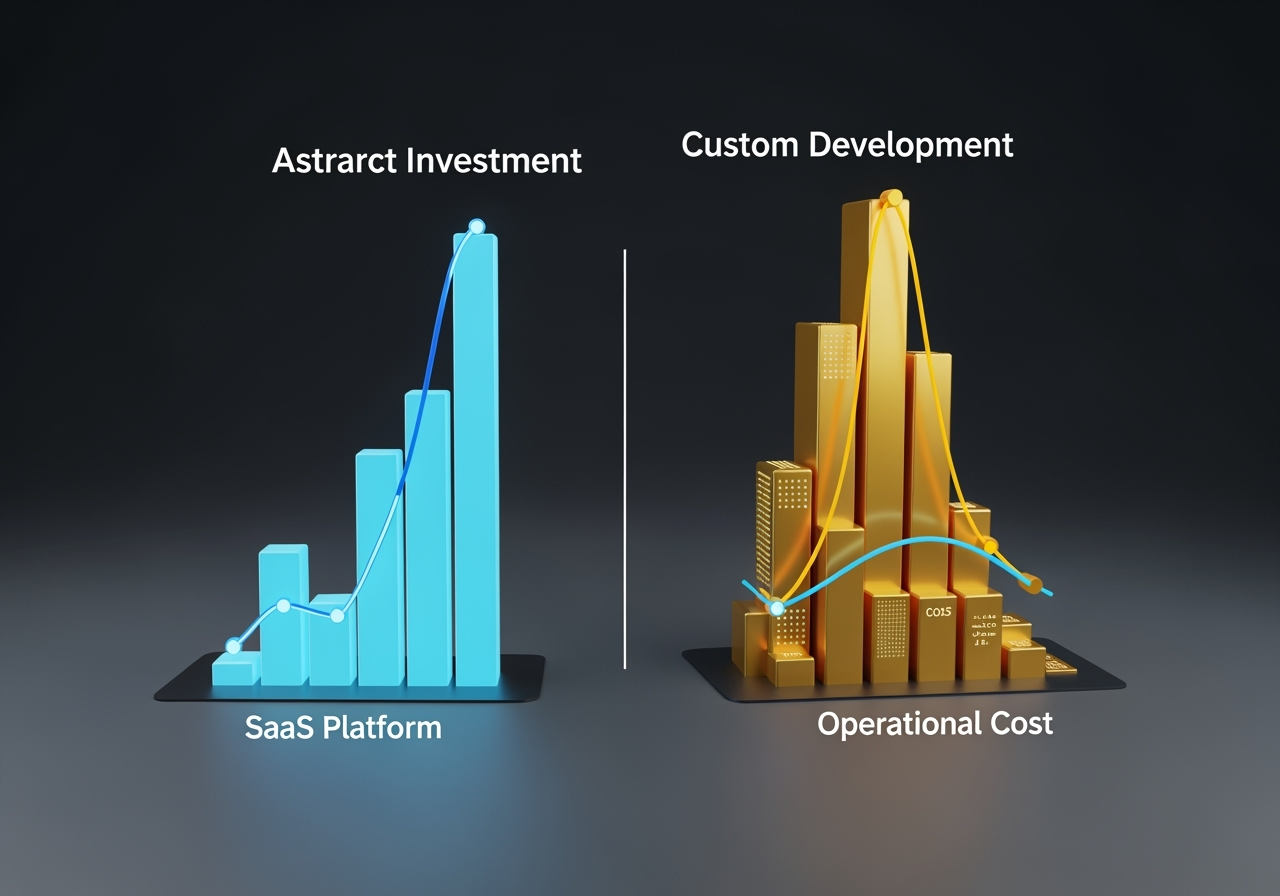 An abstract 3D visualization representing technology investment choices. On the left, a sleek, glowing blue structure labeled 'SaaS Platform' shows a steady, moderate cost graph. On the right, a more complex, custom-built golden structure labeled 'Custom Development' shows a large initial cost spike followed by a lower operational cost line. The background is a clean, futuristic dark gray, creating a professional and analytical atmosphere.