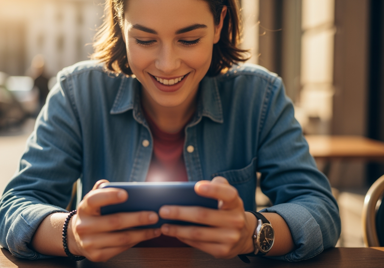 A joyful young adult testing mobile casino games on a smartphone in a sunny outdoor café, smiling and focused on the device; the phone glows softly but the app UI is not visible, shallow depth of field, warm natural light, photorealistic, high detail, positive mood