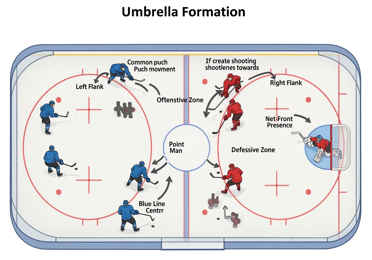 A detailed topdown diagram of an ice hockey rink showing the Umbrella Formation Five offensive players wearing blue jerseys are positioned in the offensive zone against four defensive players wearing red jerseys The diagram clearly labels the positions Point Man at the blue line center Left Flank and Right Flank at the top of the circles and NetFront Presence near the goal crease Arrows indicate common puck movement and player rotation showing how the formation aims to create shooting lanes towards the goal The goalie is visible in the net The rink markings are visible The image has a clean instructional diagrammatic style