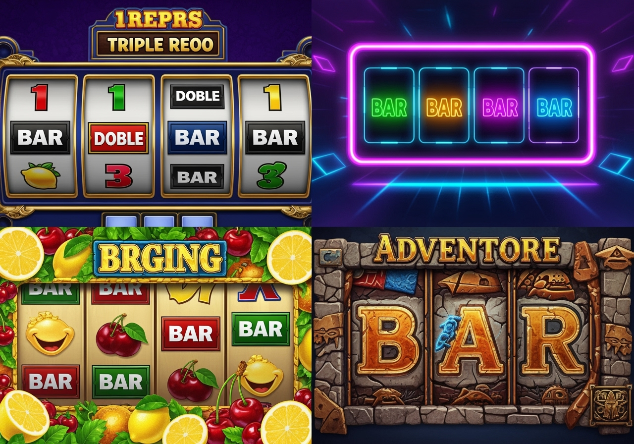 A vibrant and dynamic collage of four different slot machine game screens, one in each quadrant. The top-left shows a classic 3-reel slot with single, double, and triple BAR symbols. The top-right features a neon-lit, futuristic video slot with glowing BAR icons. The bottom-left displays a cheerful fruit-themed slot where BARs appear alongside cherries and lemons. The bottom-right showcases an adventure-themed slot where the BAR symbol is creatively integrated into ancient stone carvings. The overall image has a positive, exciting vibe.