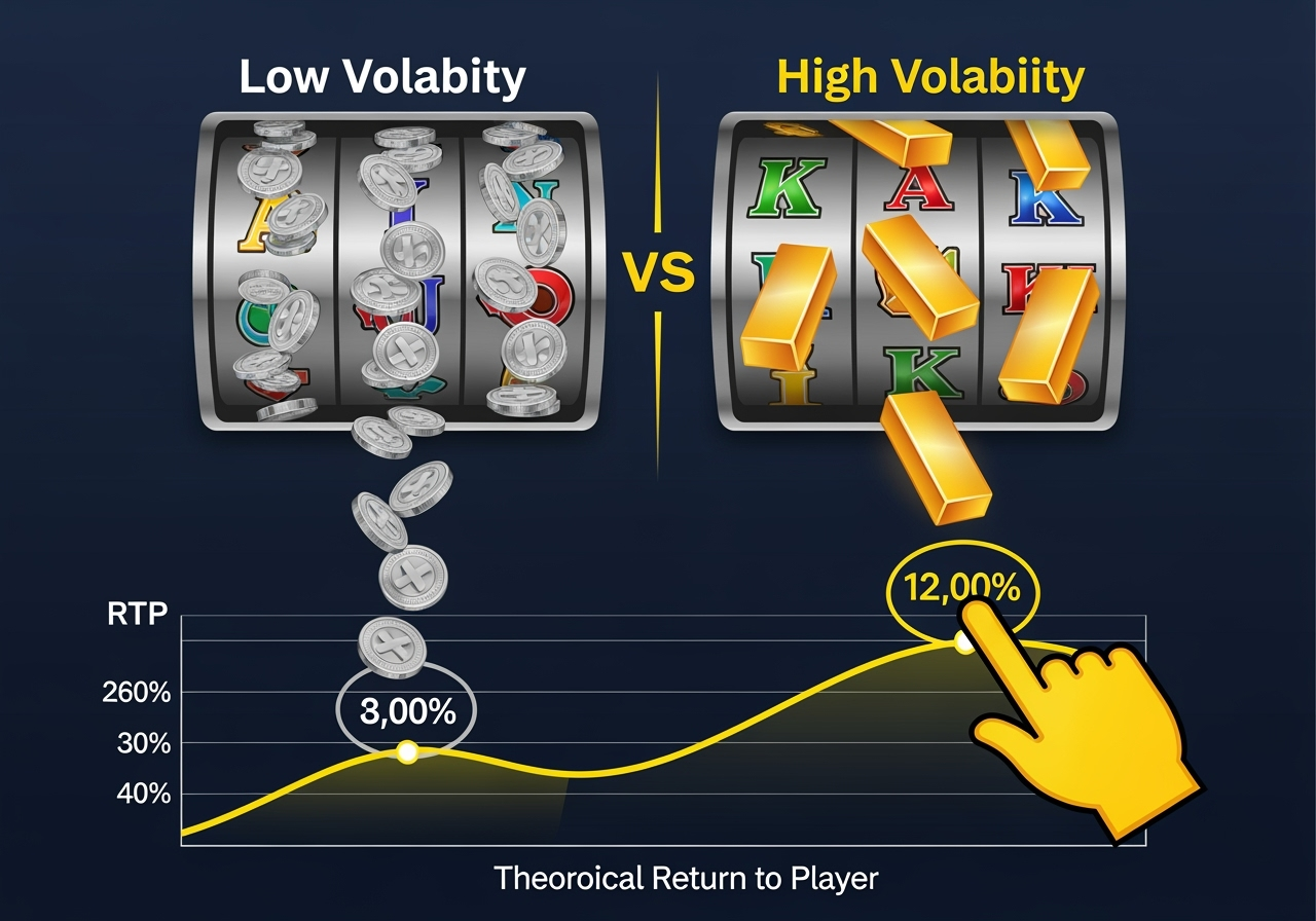 A stylized graphic showing two slot reels one with many small coins falling low volatility and another with a few large gold bars dropping high volatility Below a line graph illustrates RTP with a hand pointing to a specific percentage The overall tone is informative and professional conveying financial concepts related to slot machine outcomes