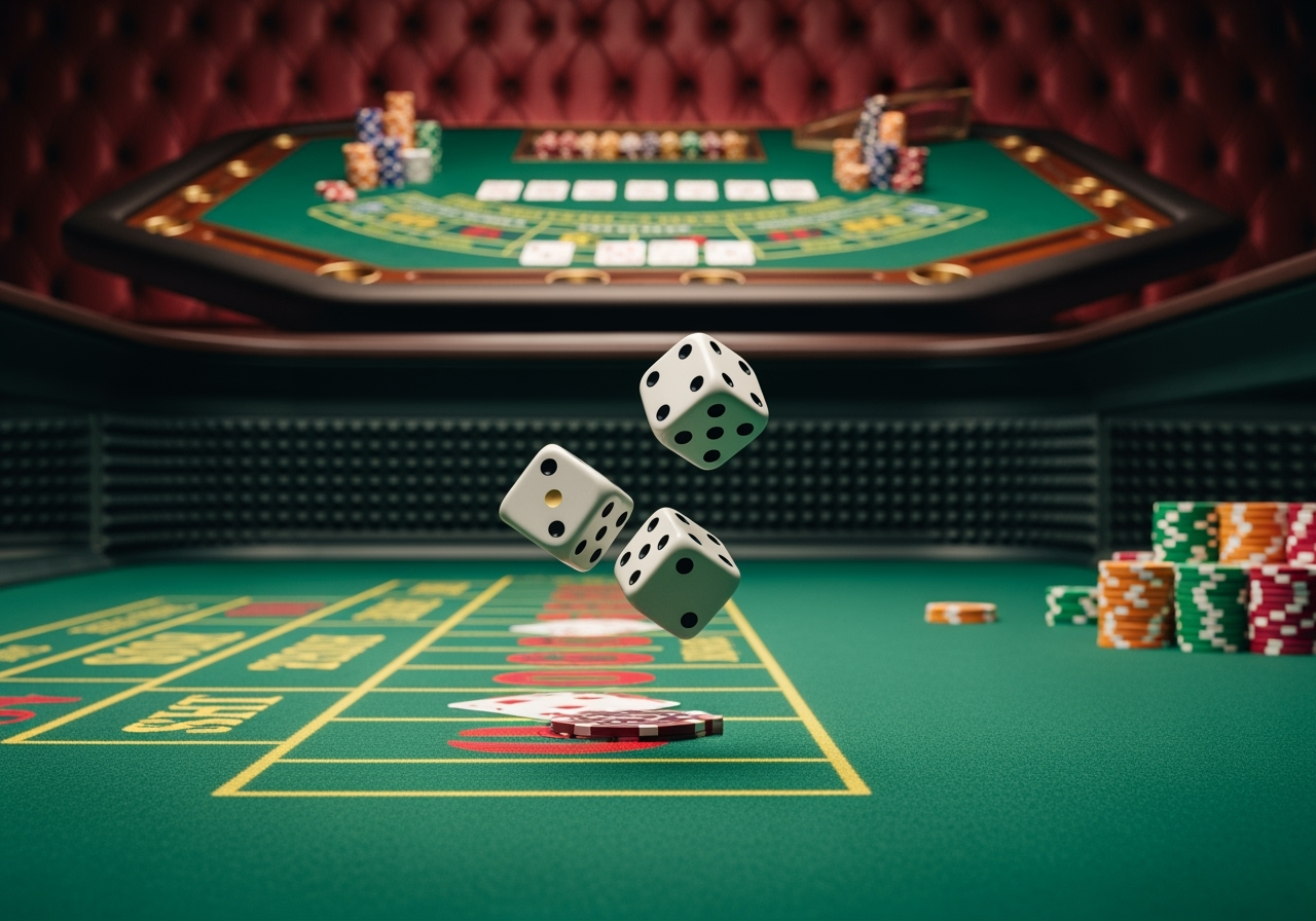 A dynamic welllit shot of a green craps table with a pair of white dice frozen in midair indicating a recent throw In the blurred background an elegant baccarat table with a hand of cards and chips is visible conveying a lively casino atmosphere The focus is on the games suggesting favorable odds and strategic play